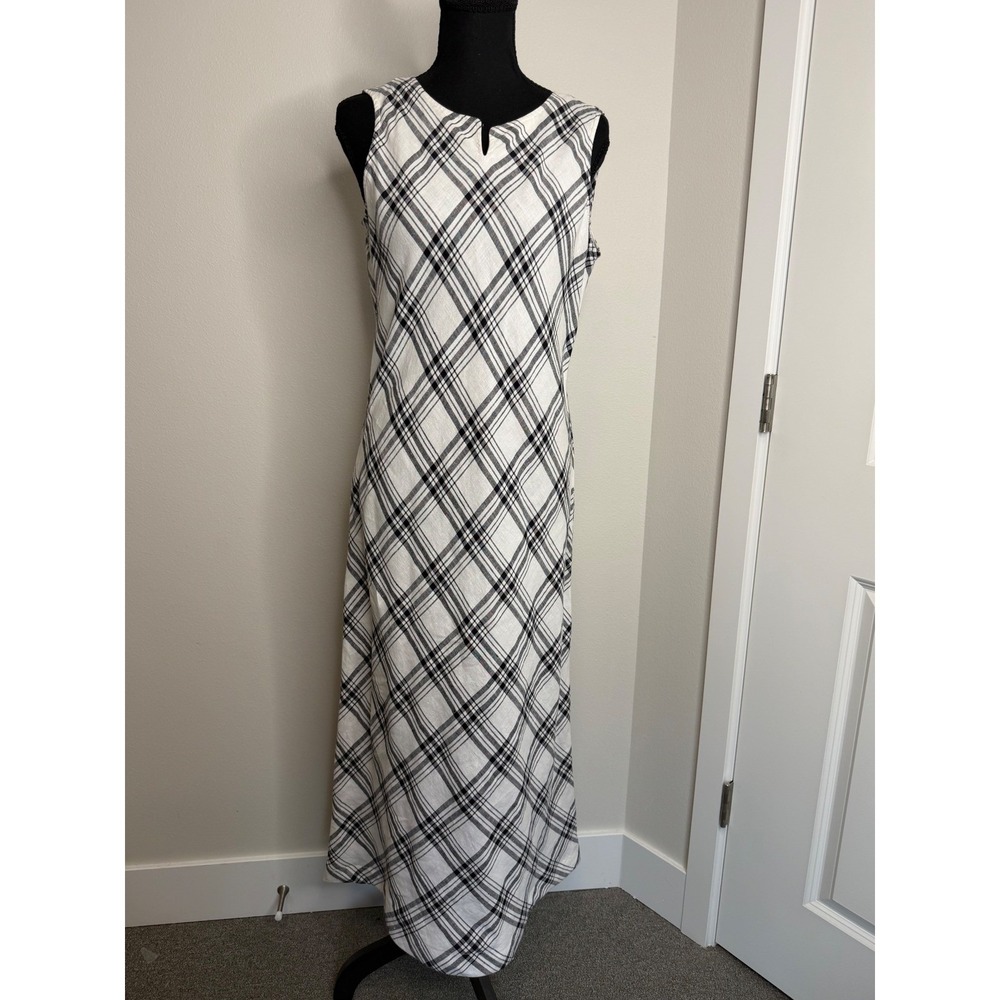 Avec Les Filles Women's Black White Plaid Linen Sleeveless Maxi Dress Size 8